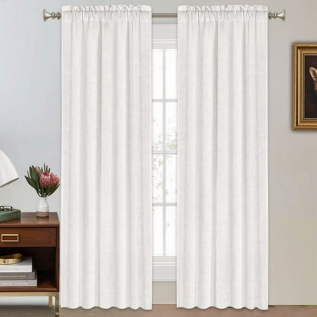 Rod Pocket Linen Curtains 108 inch Length 2 Panels Set White - 52  x 84