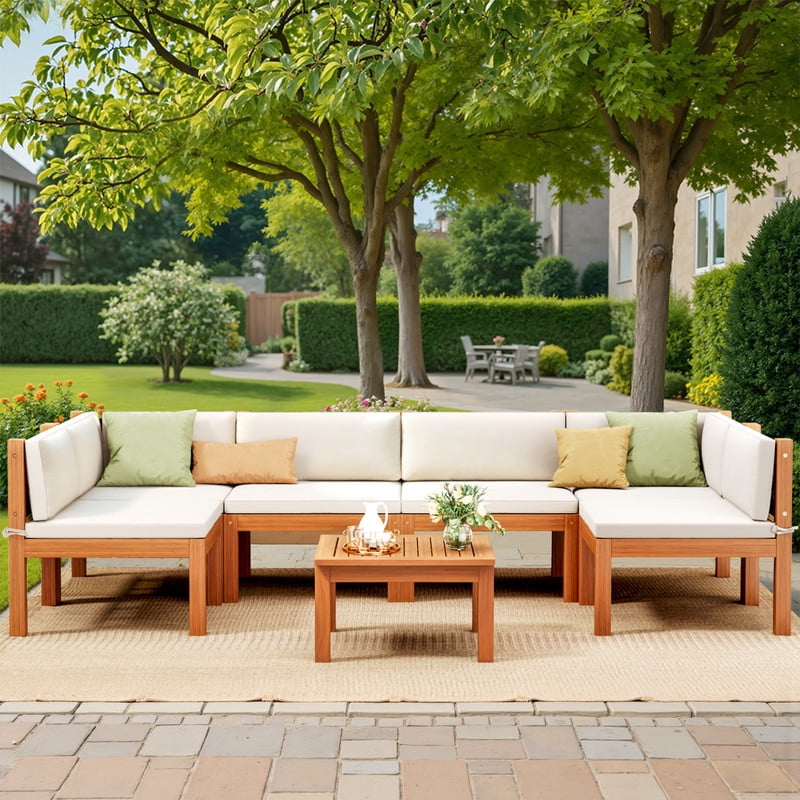 Vineego 7 pieces Patio Acacia Wood Sectional Sofa with Cushions，Outdoor Furniture Set for Porch, Yard and Balcony