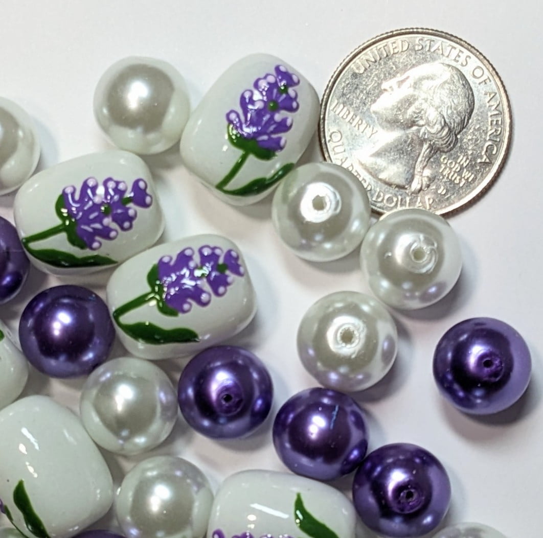 Flower Glass Beads For Bracelets Making, DIY Jewelry Supplies, Gift For Beader, 40 pcs, Lavender