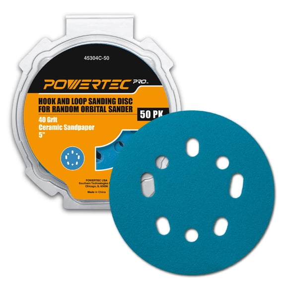 POWERTEC PRO 50PK, 5 Inch Sanding Discs Hook and Loop, 40 Grit, Ceramic Orbital Sander Sandpaper for 5 & 8 Hole Random Orbital Sanders - Automotive, Paint, Metal, Woodworking, 45304C-50