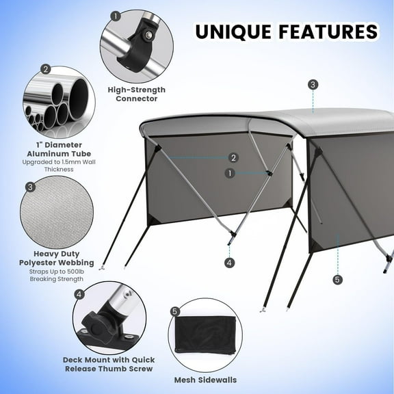 Towallmark 3 Bow Bimini Tops with Mesh Sidewalls – Waterproof Marine-Grade Canvas, Removable Mesh, Adjustable Support Poles, Easy Installation