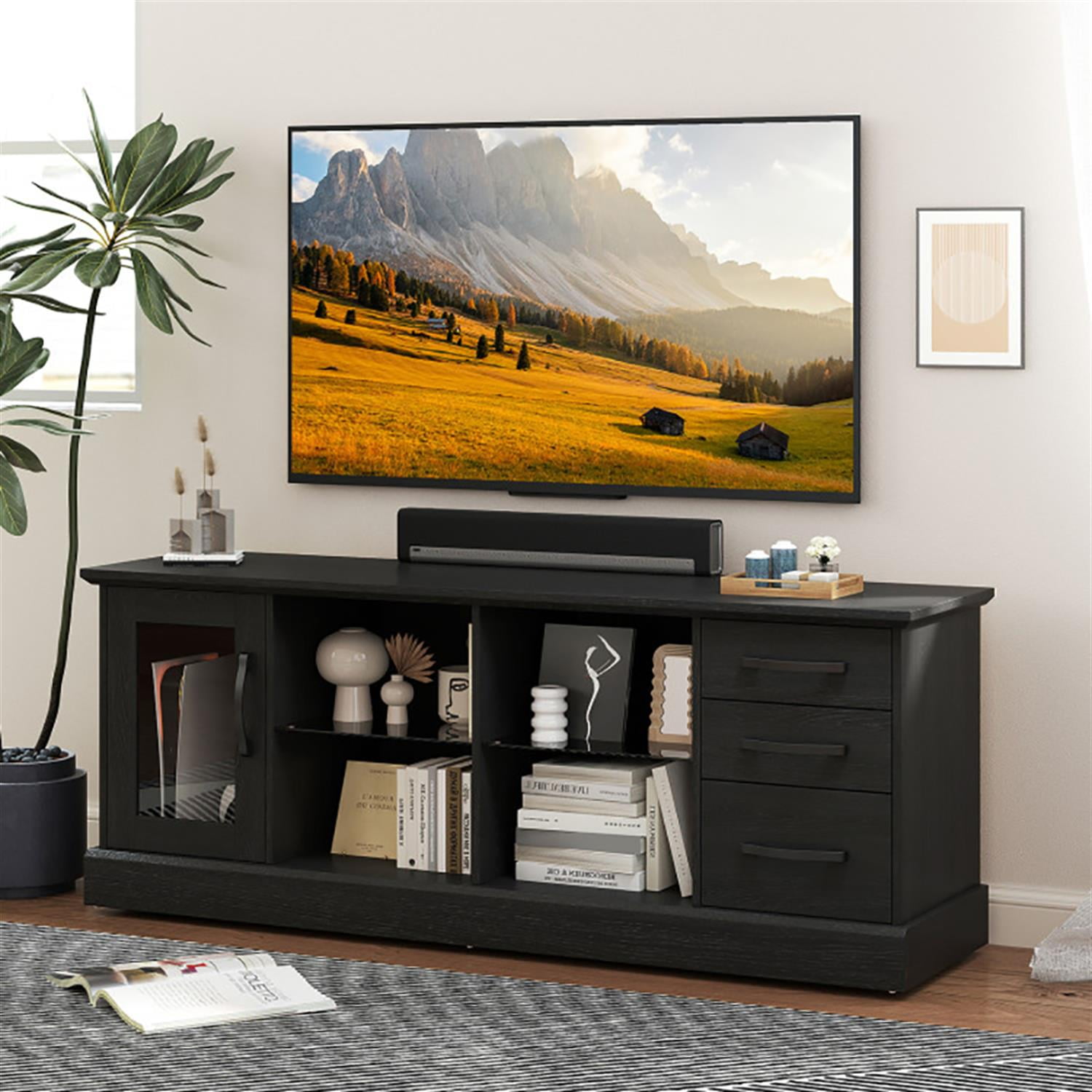 Demi Bonn TV Stand for 65" TVs, Entertainment Center with 3 Drawers and 2 Glass Shelves, Modern Media TV Console Table for Living Room Bedroom, Black