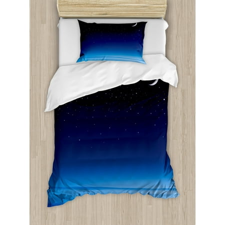 Dark Blue Bedding Night Duvet Cover Set, Moon and Stars over Santa Barbara Channel Infinity Foggy Pacific Ocean, Decorative Bedding Set with Pillow Shams, Dark Blue Sky Blue White, by Ambesonne ()