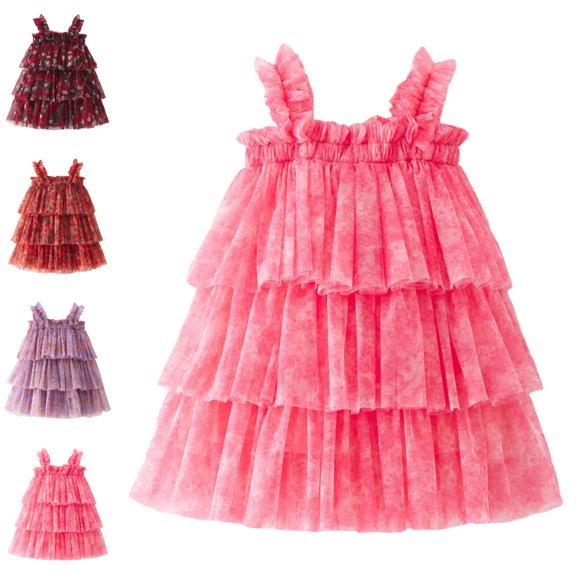 Bmisegm Dresses for Girls Carnival Party Ruffle Strap Vintage Floral Print Tiered Cake Tutu Dress Kids Dress 2-3 Years