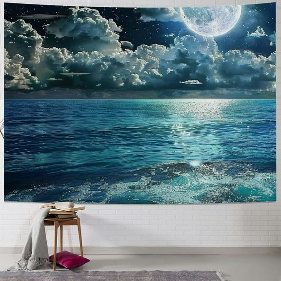 PRATYUS  Ocean Tapestry Wall Hanging Blue Sea Night Sky Natural Scenery Tapestry Moon Over the Ocean Hippie Art Tapestries for Living Room Bedroom Teen Dorm Party Indie Decor 40x30inch