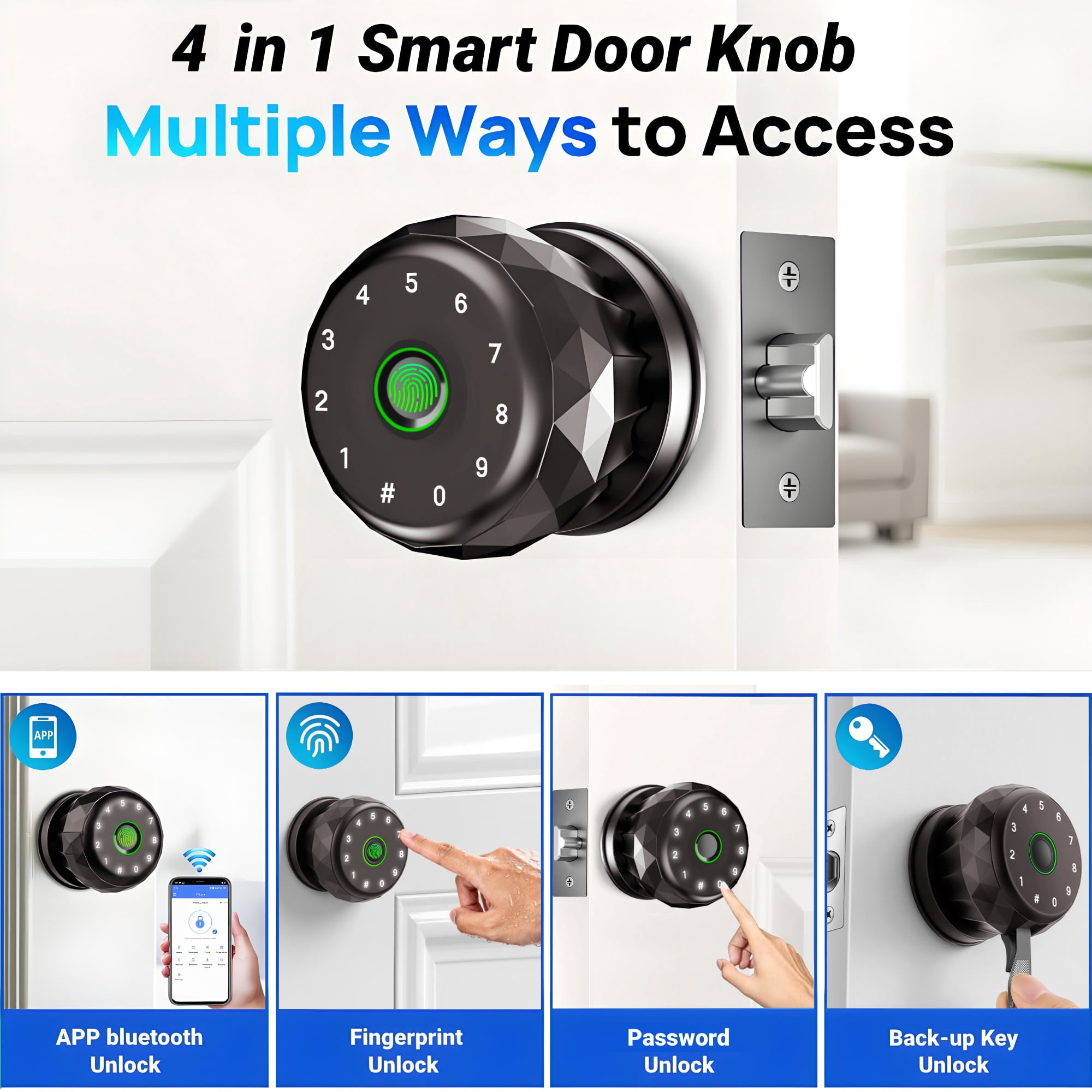Door Knob,Blacksmith Smart Door Knob With 4 Ways Quick Unlock,Fingerprint Door Lock,Smart Door Lock for Home, Apartment, Office,Bronze