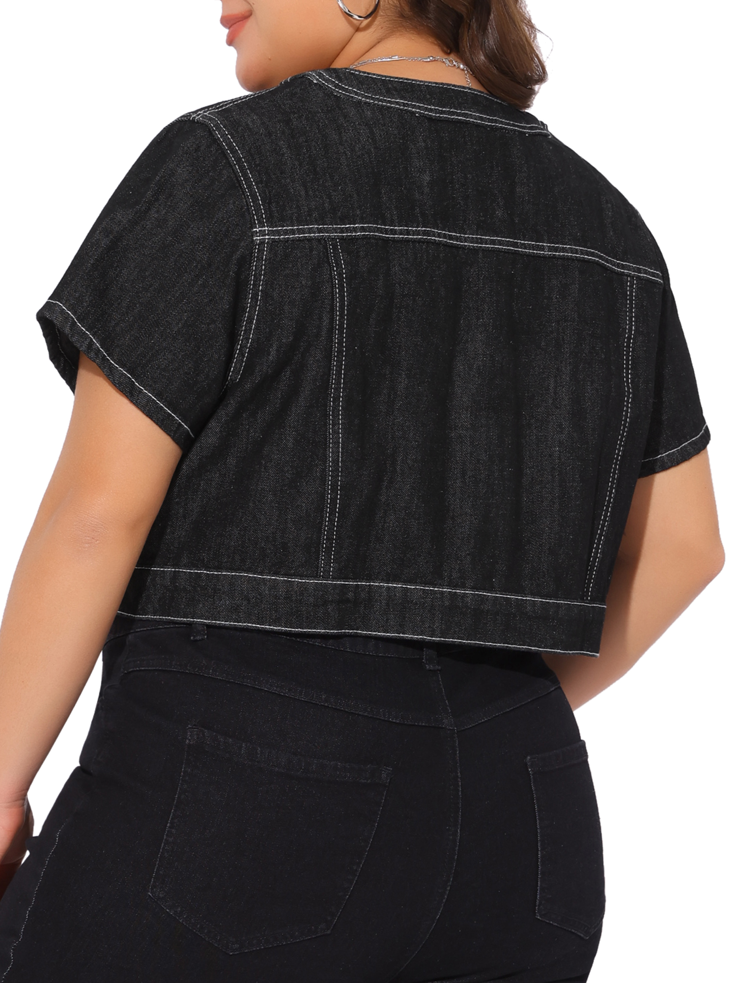 DARING DIVA Women's Plus Size Crew Neck Button Down Cropped Denim Vest 4X Black
