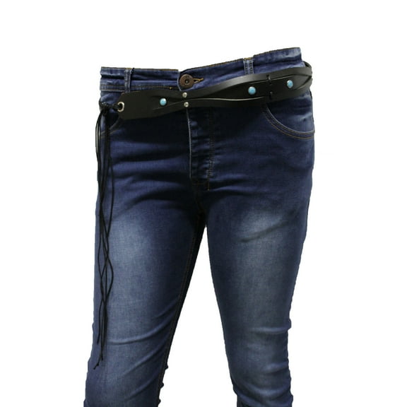 Women Western Tie Belt Waist Hip Black Faux Leather Turquoise Blue Beads M L XL