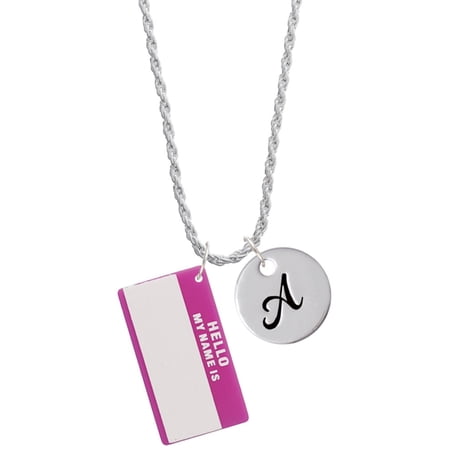 Delight Jewelry Acrylic Pink "Hello" Name Tag Silvertone Script Initial Disc - A - Charm Necklace, 20"+3"