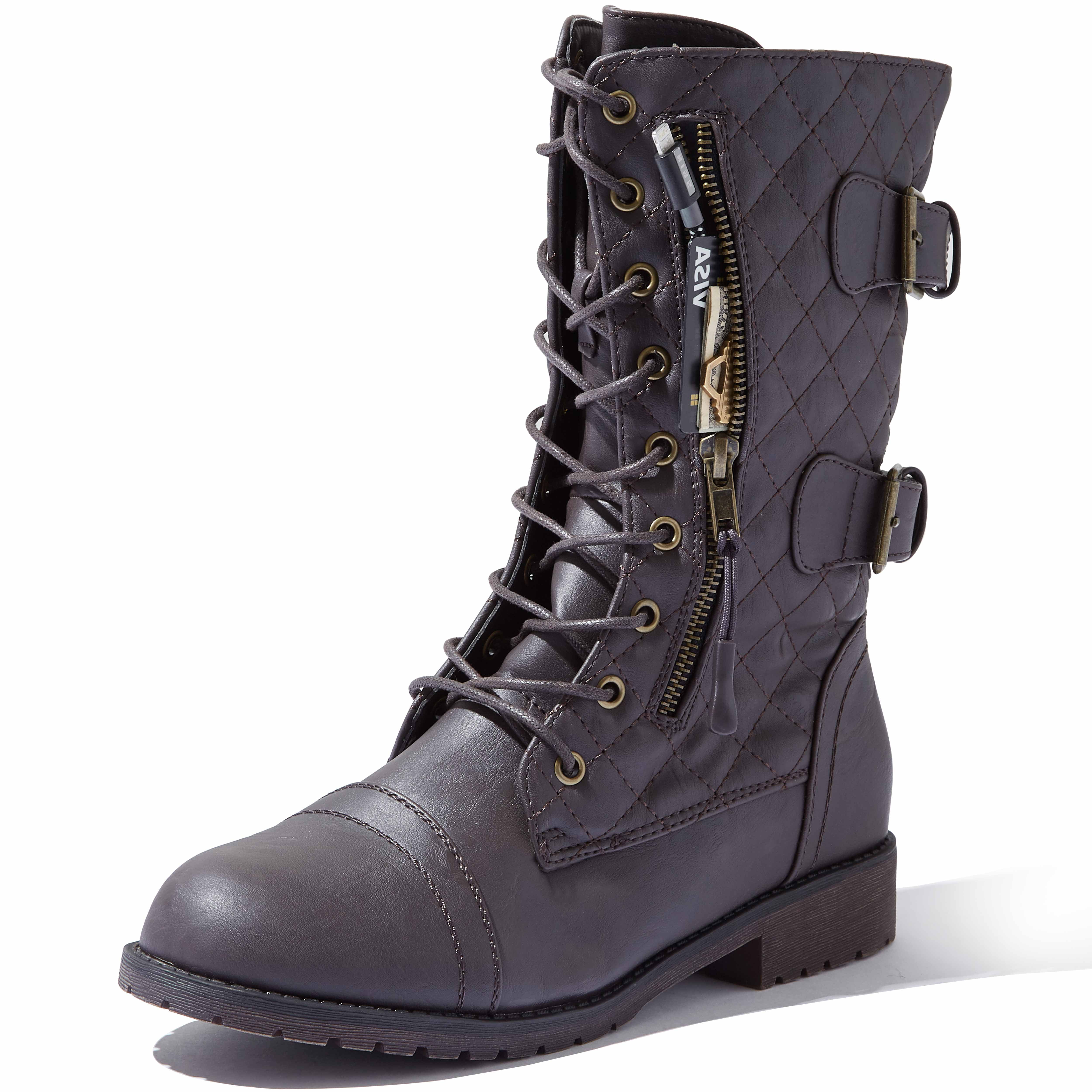 DailyShoes - DailyShoes Women's Military Lace Up Buckle Combat Boots Mid Knee High Exclusive