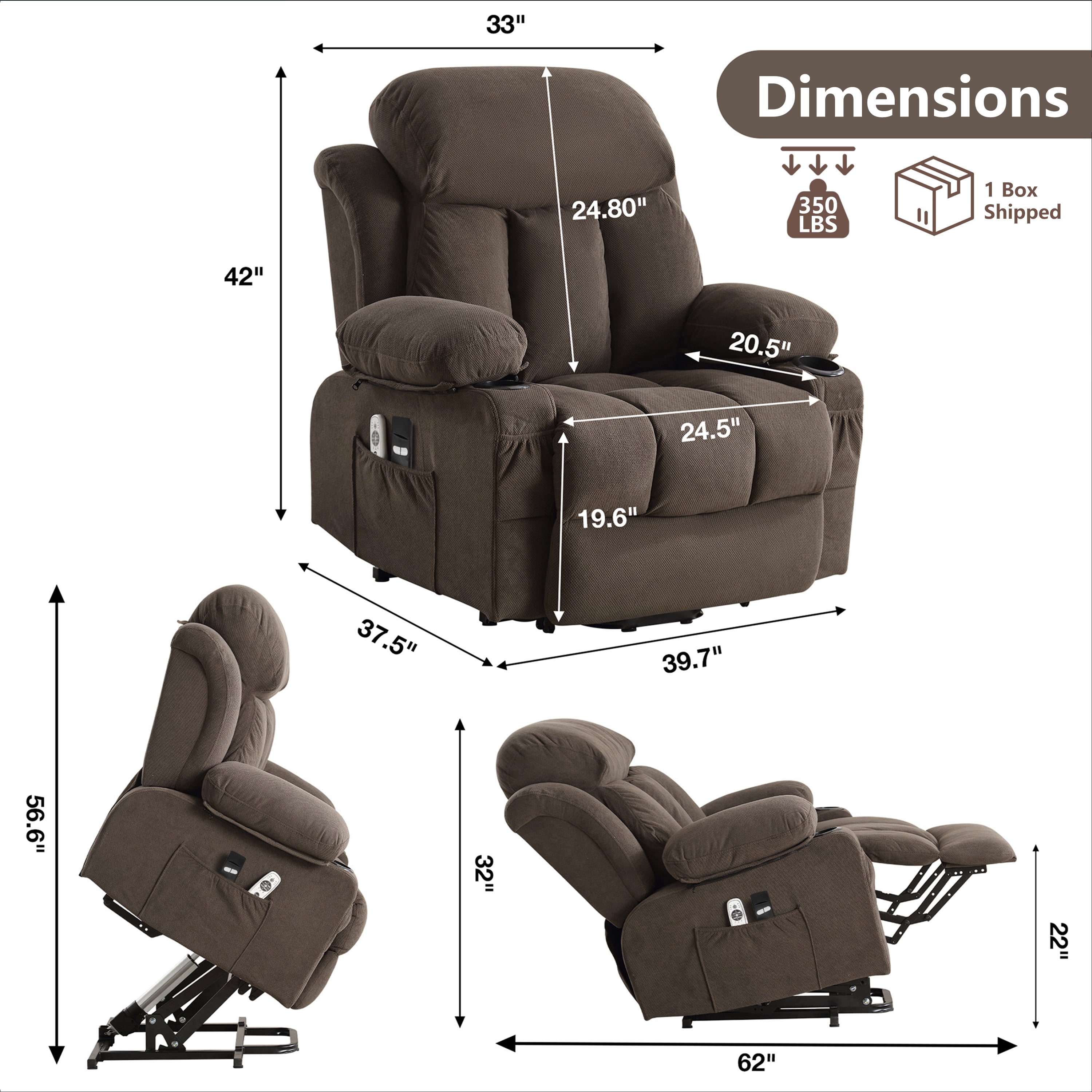 Lift Chair for Elderly, Power Lift Recliner Chair with Heat and Massage, 24.5" Oversized Massage Recliner for Living Room with Remote Control, Cup Holders, Easy Stand, 350lbs Capacity, Brown