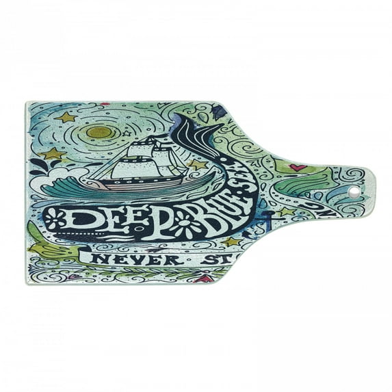 Whale Cutting Board, Mammal on Wavy Ocean Design Swimming to an Island Palm Trees Print, Decorative Tempered Glass Cutting and Serving Board, Wine Bottle Shape, Blue Pink and Green, by Ambesonne