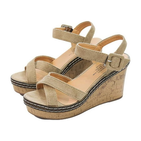 JikouIivo Women s New Summer Fashion Wedge High Heels Buckle Suede Sandals Ladies Shoes Women Shoes Christmas 2022 Deals Clearance