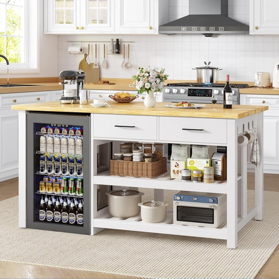 ChicZhiNest Kitchen Island with Storage, 60" Solid Rubberwood Island Table, Coffee Bar Cabinet with Fridge Space & Power Outlets, 6 Hooks, White
