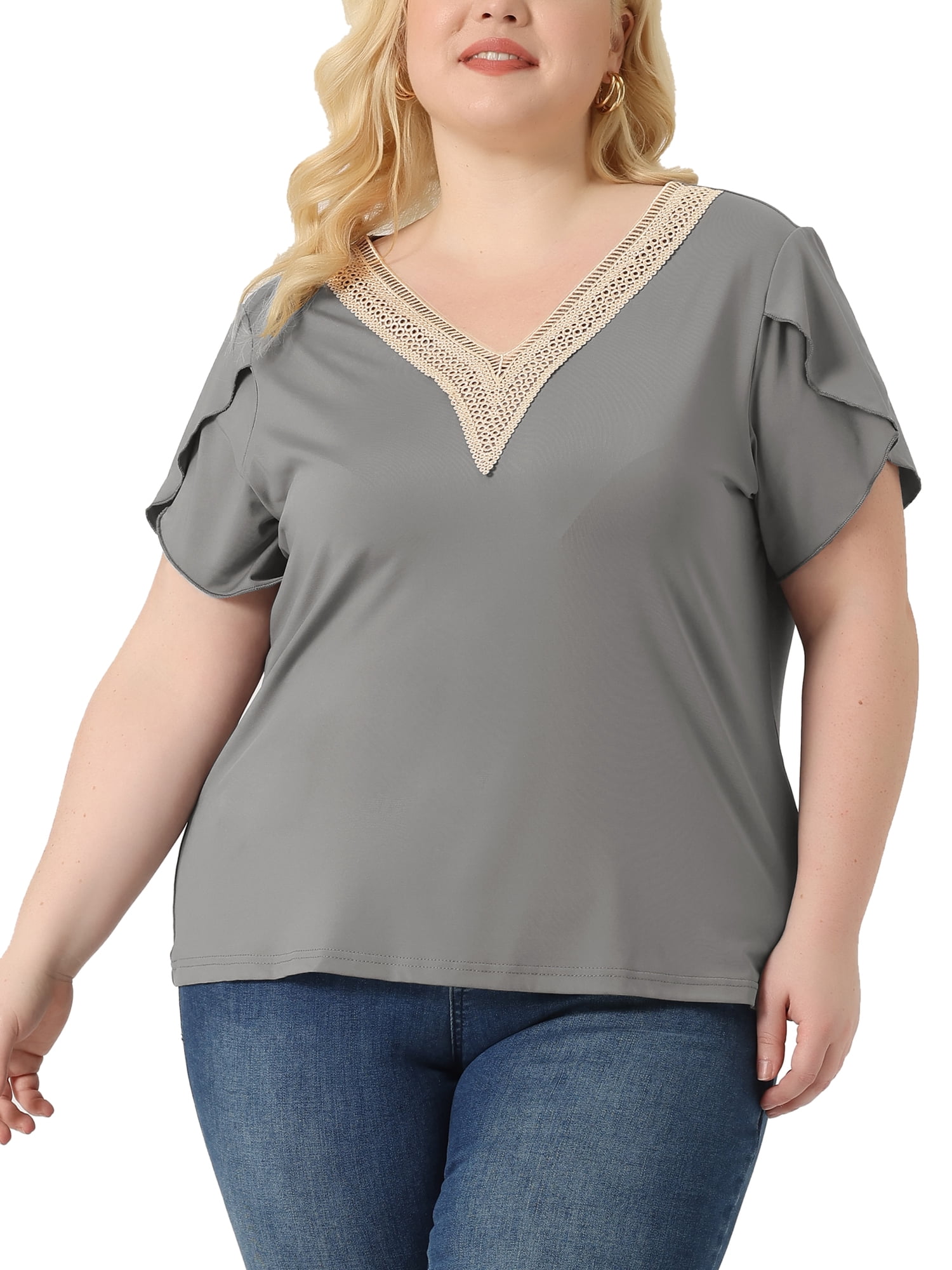 Unique Bargains Women Plus Size Casual Lace V Neck Short Sleeve Tunics Blouses Grey 4X