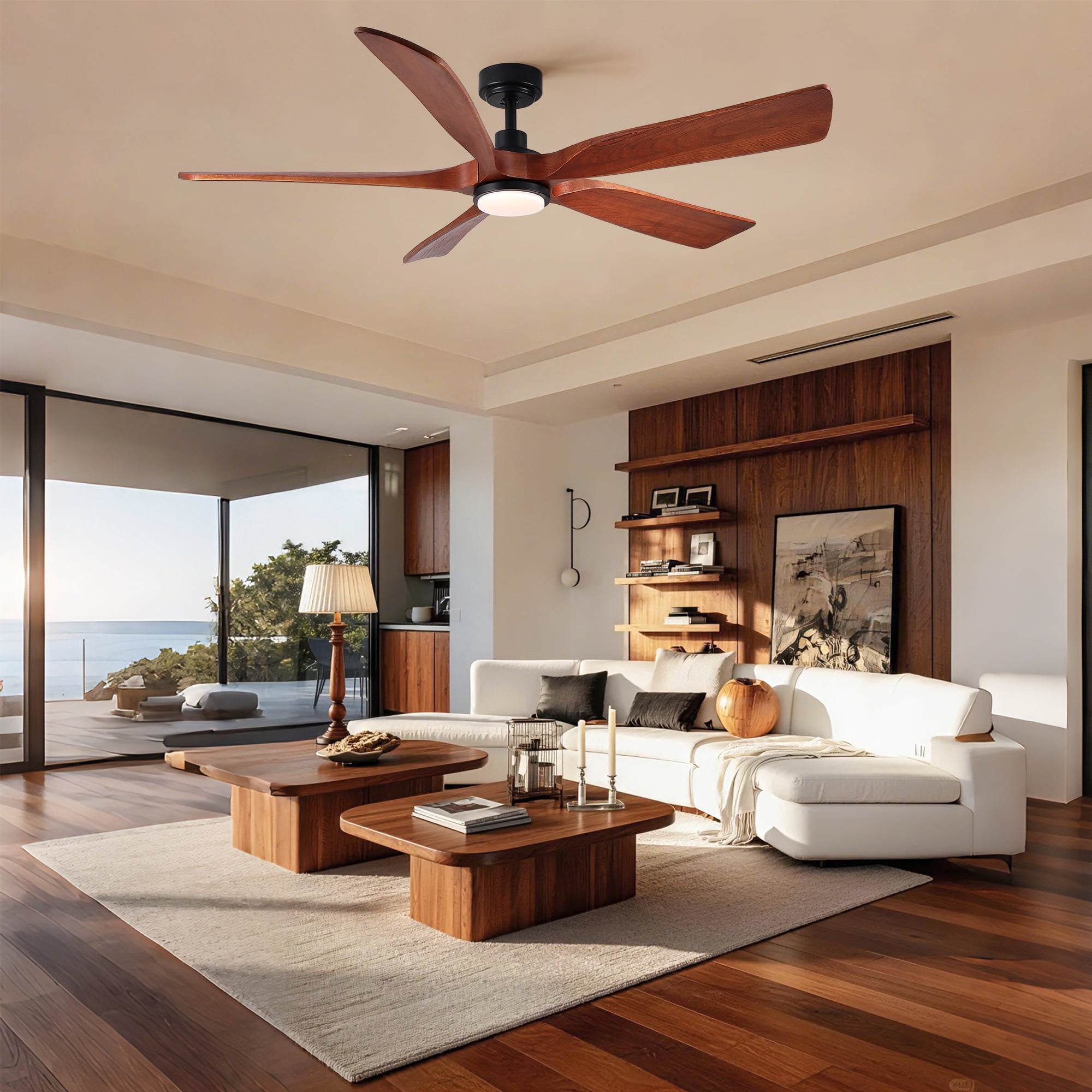 60" Vintage Mahogany Solid Wood Ceiling Fan with Light and Remote Control, Noiseless, Dimmable, 3CCT, 6 Speeds Reversible, Quiet DC Ceiling Fans for Indoor or Covered Outdoor Use