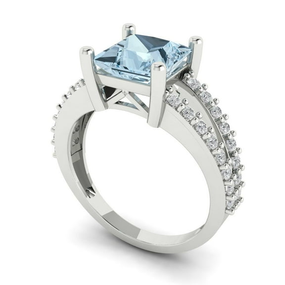 2.44ct princess cut blue natural aquamarine 18k white gold Bridal Wedding Engagement Promise Anniversary Ring for Women size 3.75