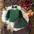 thumbnail image 4 of SYMOID Kids Girl Christmas Outfit Set - 3-Piece Green Knit Cotton Top, Plaid Pleated Skirt & Bow Headband, Soft Breathable for 6-24 Months Kids Holiday/Fall Winter Wear,Size 18 Months, 4 of 8
