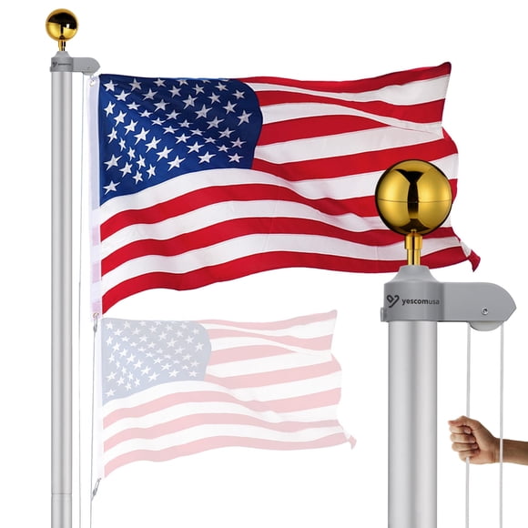 Yescom Bravery 20ft 13 Gauge Thicken Sectional Flag Pole Kit for Outside House with USA Flag Top ,Sliver