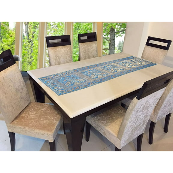 Stylo Culture Brocade Jacquard Center Table Runner Turquoise Rectangular Bohemian Ethnic Table Home Decor Elephant Peacock Traditional Dining Table Cloth | 60x16 Inches ( 152 x 40 cm)