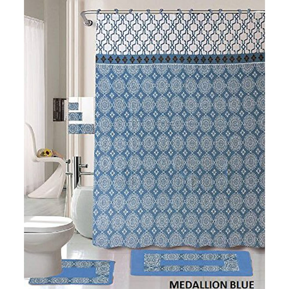 18 Piece Bath Rug Set Sky Blue Medallion print bathroom rugs shower