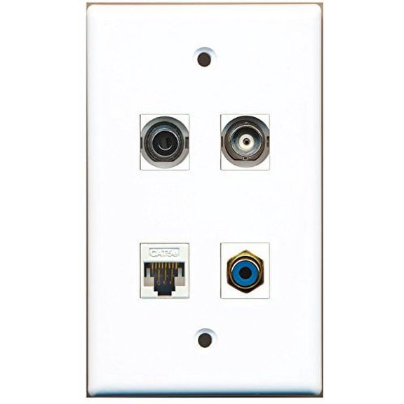 RiteAV - 1 Port RCA Blue 1 Port 3.5mm 1 Port BNC 1 Port Cat5e Ethernet White Wall Plate