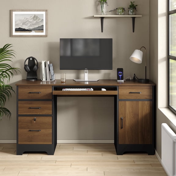 Furnihold 59”W Industrial Executive Desk with Outlet, Computer Desk Office Desk with Keyboard Tray and Locked Drawer&Large Storage Cabinet for Home Office, Brown