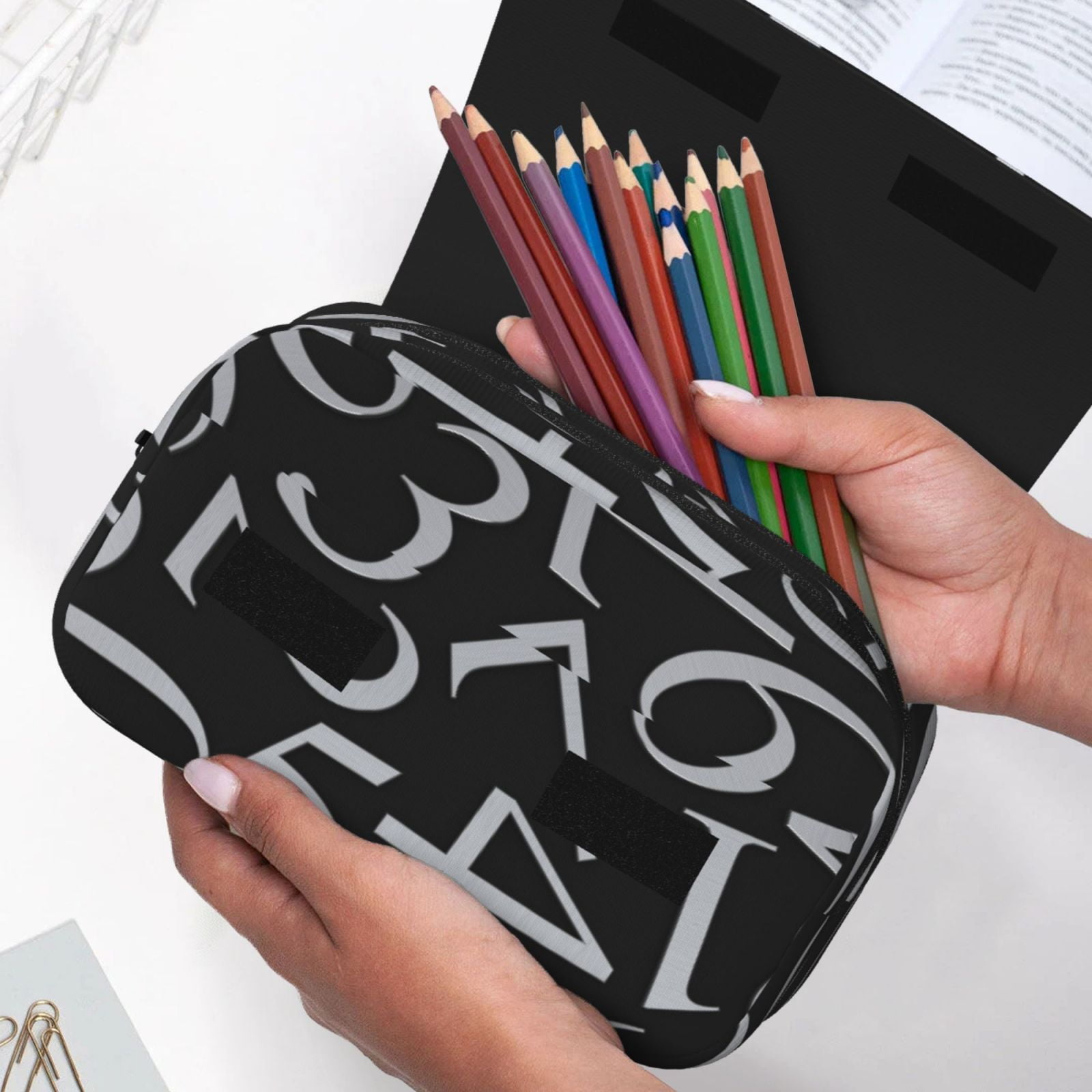 Rateoe Numbers Pattern Double Clamshell Pen Case, Storage Organizer with Two Zipper Compartments– Holds Up to 50 Pencils & Pens