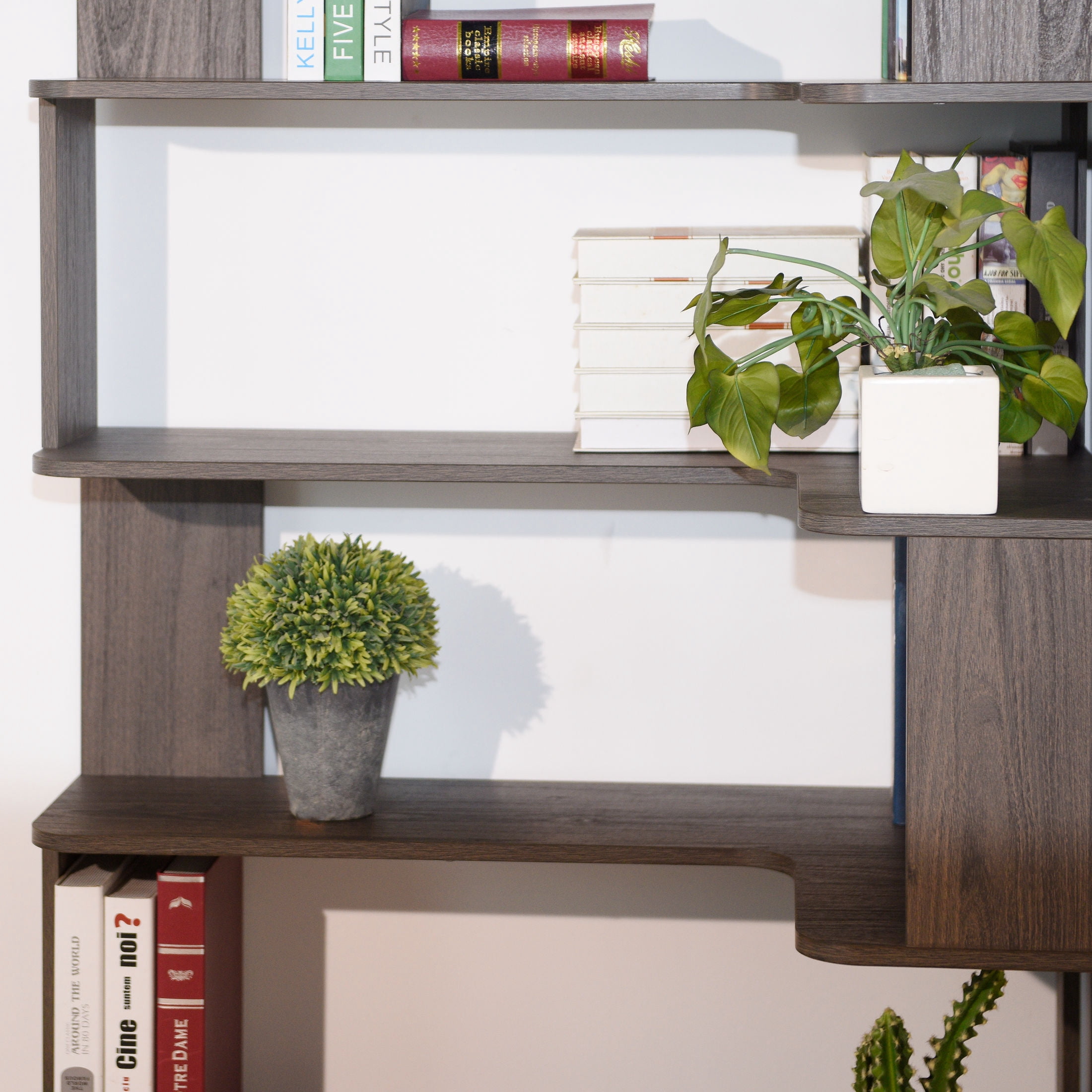 GDF Studio Derwin 5-Tier Corner Bookshelf, L-Shaped Wooden Bookcase for Living Room, Home Office, Dark Brown