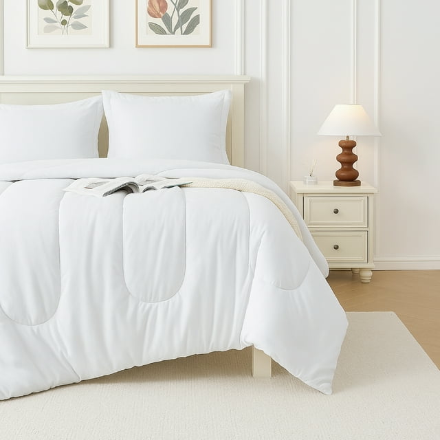 Bright white Beddora 3-piece ultra-soft microfiber comforter set on queen bed, styled with matching pillows and bedside table lamp in minimalist room.