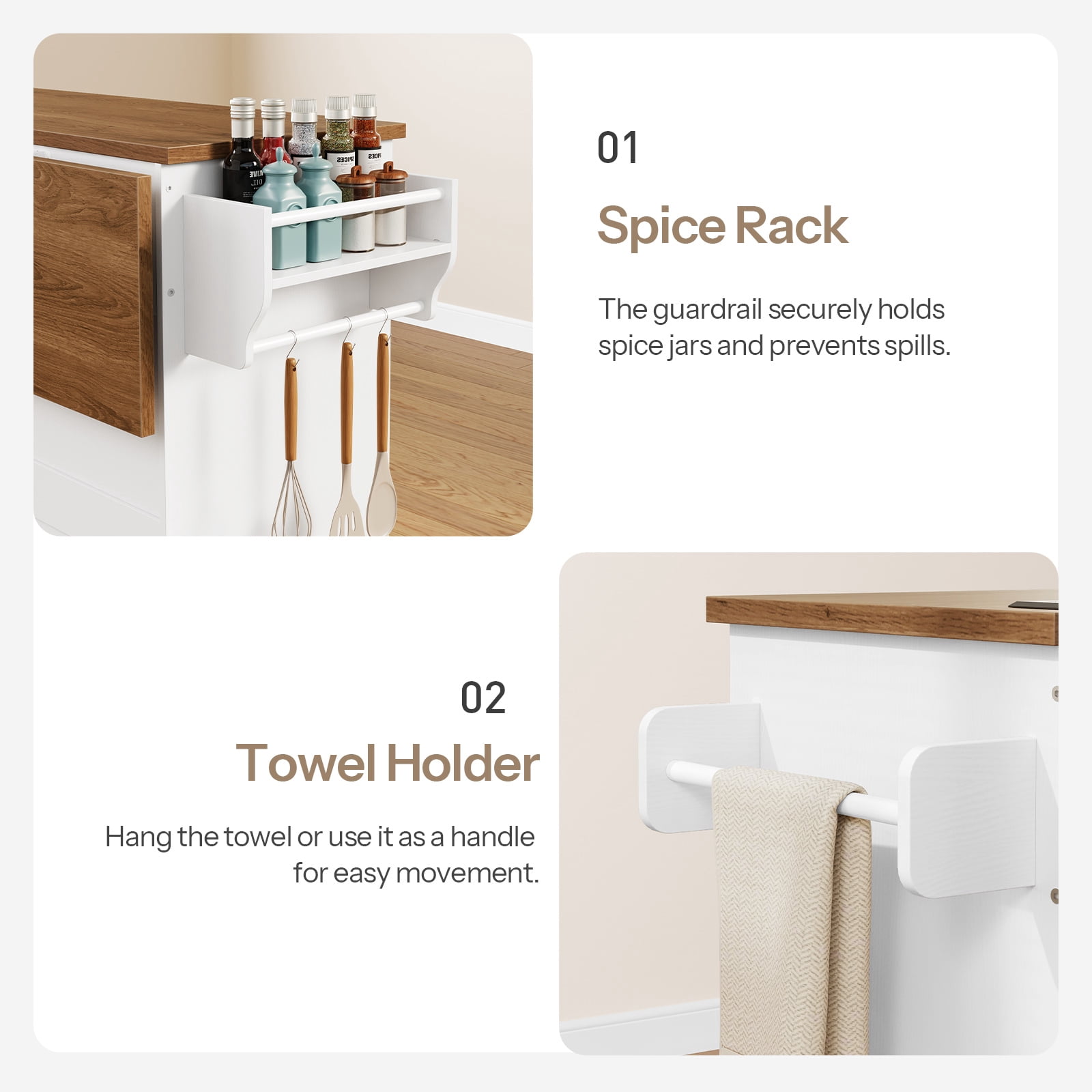 Kitchen Island with Drop Leaf, Rolling Kitchen Island with Storage and Power Outlet, Kitchen Cart with 3 Drawers and Adjustable Shelves, Towel and Spice Rack, White and Walnut