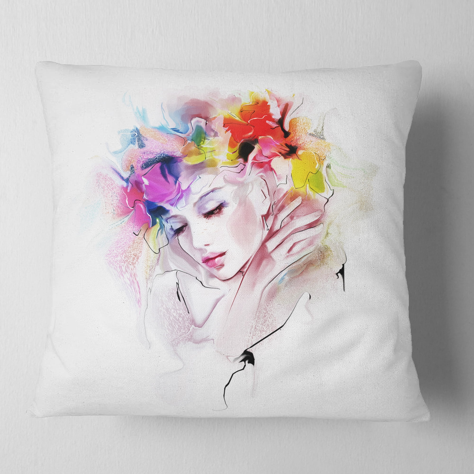 Designart Girl with Flowers Wreath - Abstract Portrait Throw Pillow - 16x16