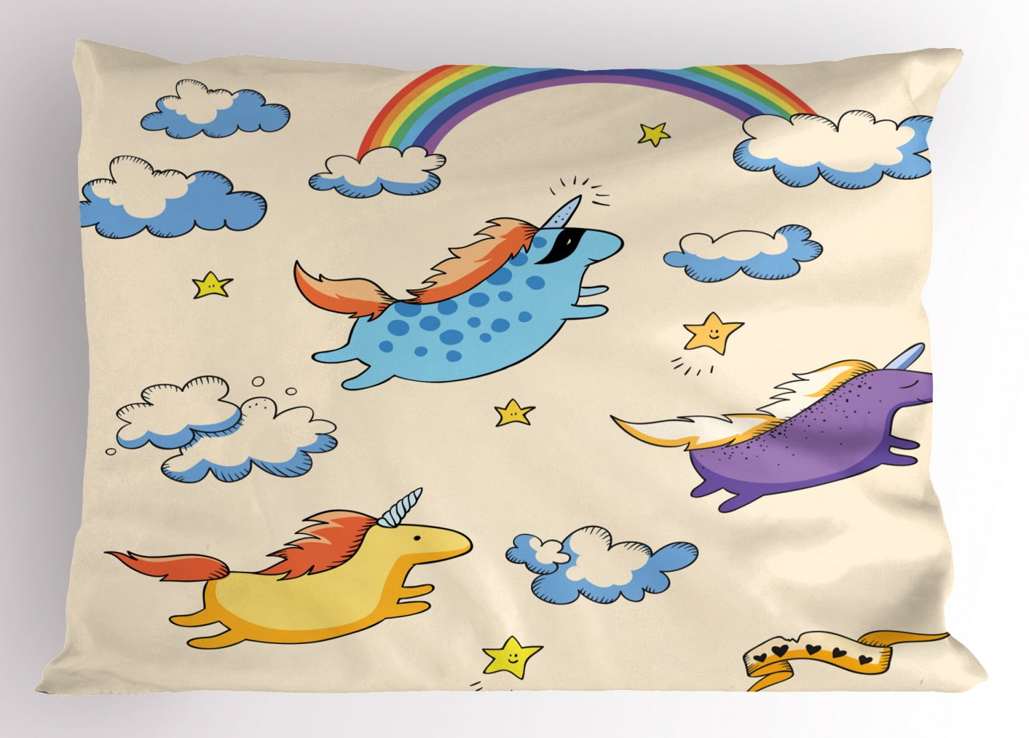 Unicorn Pillow Sham Pastel Colored Illustration of Several Flying Pony