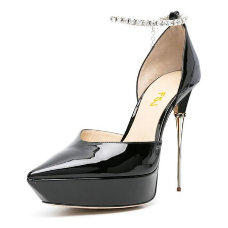 

FSJ Women Stylish Pointed Toe Rhinestone Chain Ankle Strap Sandals Stilettos Platform High Heel Pumps Dress Wedding Shoes Size 4 Black