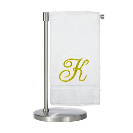 Monogrammed Bath Towel Personalized Gift 27 x 54 inches - Set of 2 - Gold Script Embroidered Towel - 100% Turkish Cotton- Soft Terry Finish - for Bathroom or Spa - Script K White