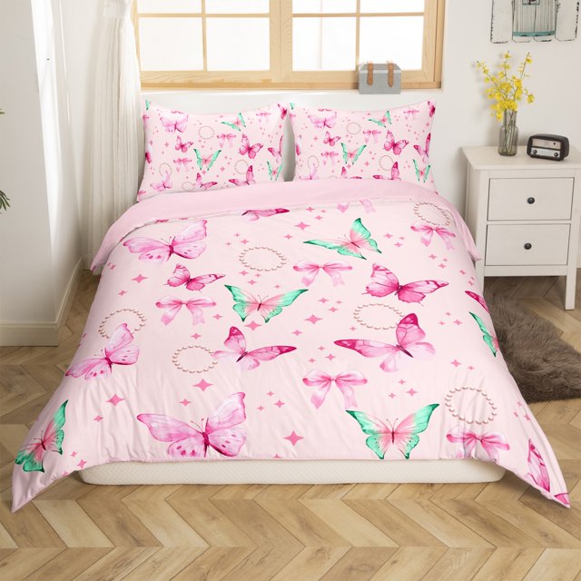 Erosebridal Housse de Couette Papillon de Rêve Double, Literie Rose Taille Double, Déco Nœud Perlé, Réversible 3 Pcs