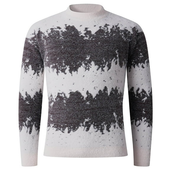 Turilly Men's Sweater Fuzzy Mock Neck Abstract Print Pullover Sweater Soft Acrylic Knit Warm Casual Everyday Top