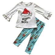 Little Girls 2 Pieces Top Set Christmas Hat Grinch Nice Legging Pant Clothing Set White 3T S (318533)