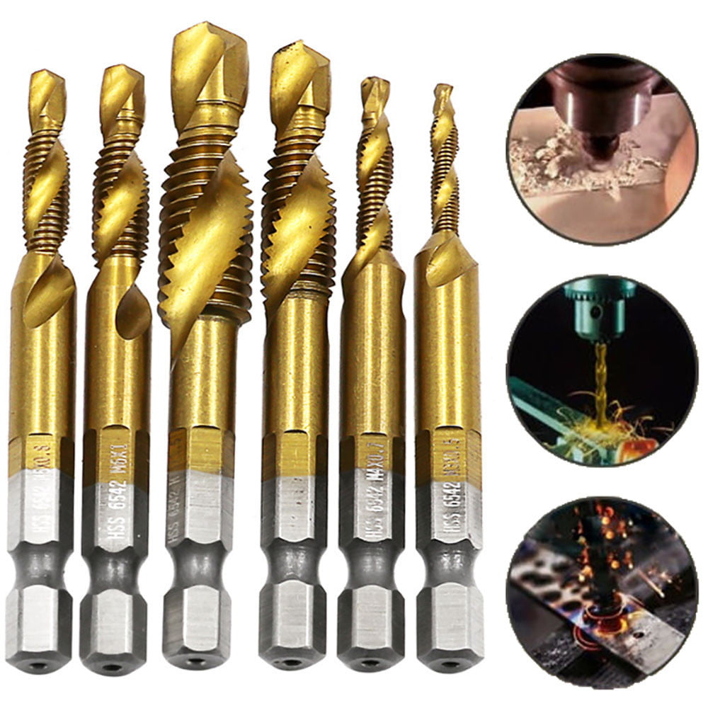 Drill Accessories 6Pcs HSS M3 M10 Combination Hex Deburr Countersink Tap Drill Bit Set Durable Drilling Tools Color : Gold 