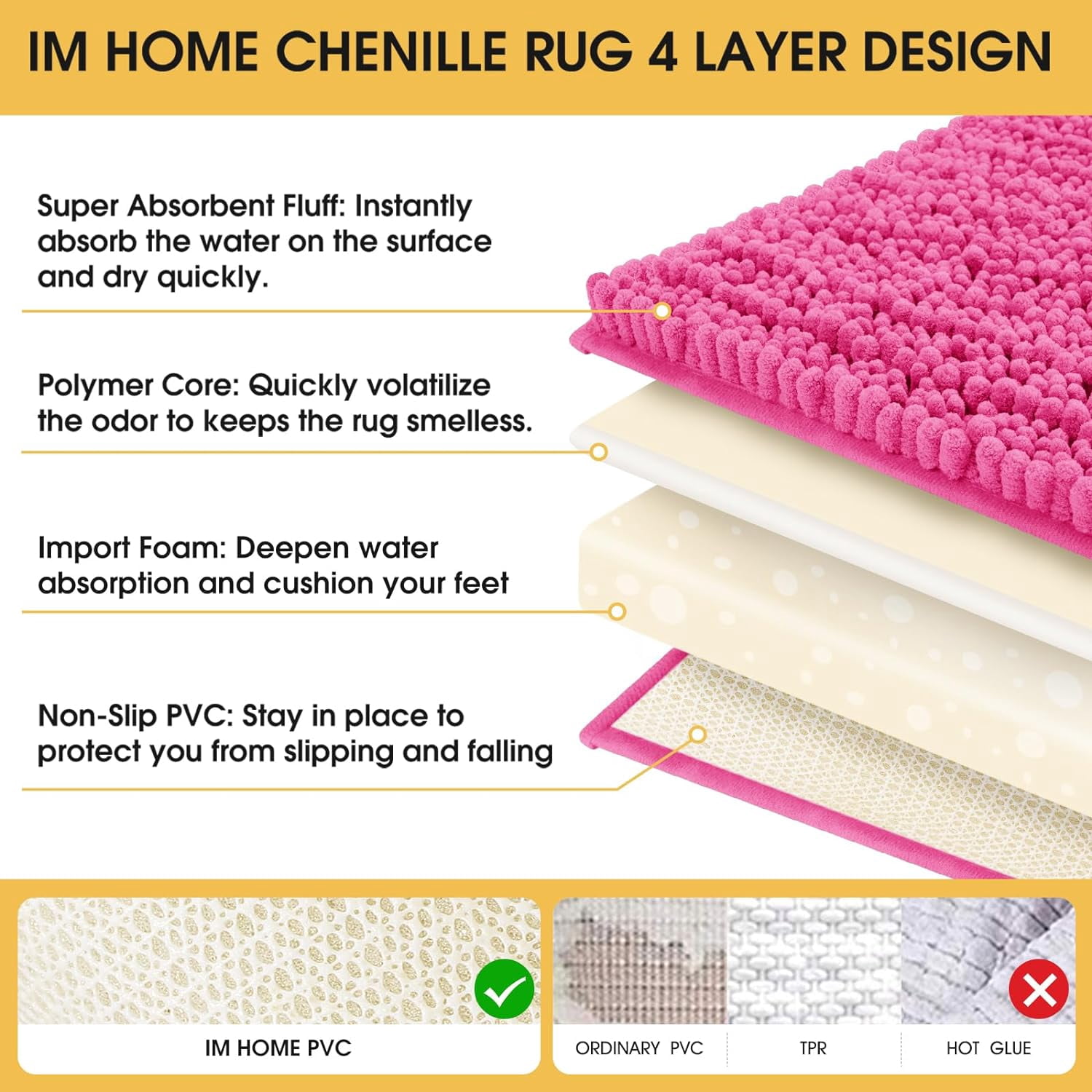 HAKUNA Upgrade Extra Large Shiny Pink Bathroom Rug Set 3 Pieces Ultra Soft, Thick Absorbent Bath Mats, Non Slip Chenille Toilet Mat for Bathroom, Bedroom, Kitchen