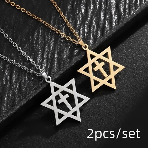 2 Pieces/set Stainless Steel Jewish Cross Star Of David Necklace For Men And Women Fashion Lucky Amulet Simple Jewelry