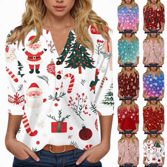 larppty 3/4 Length Sleeve Womens Christmas Tops Casual Loose Comfort Festival Holiday Party Shirts 2025 (White, L)