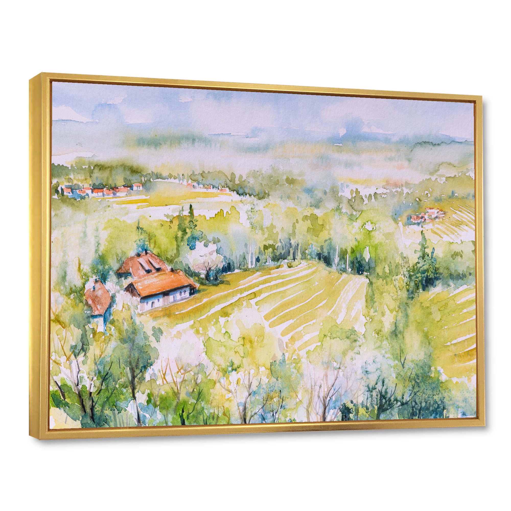 Designart 'Abstract Blossoming Green Fields In Countryside ' Country Framed Canvas Wall Art Print