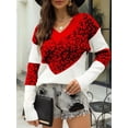 thumbnail image 6 of Womens Striped Sweater Casual Leopard Long Sleeve V Neck Chunky Knit Drop Shoulder Pullover Jumper Tops Red M, 6 of 8