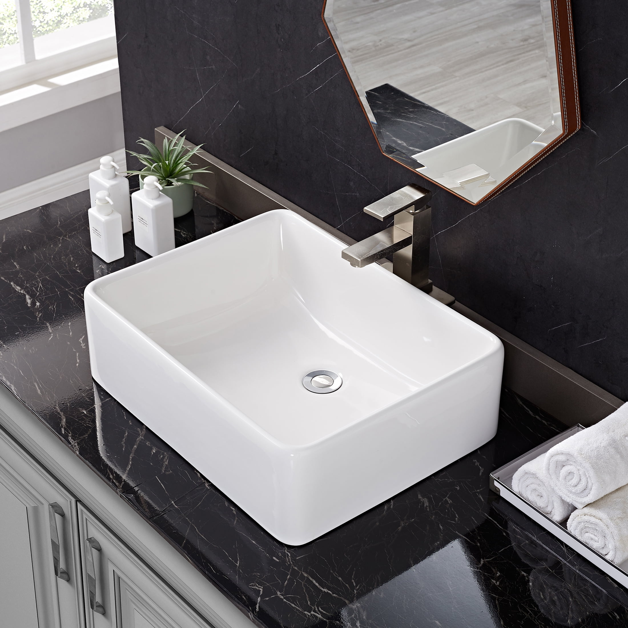 ELLAI Rectangular Countertop Vessel Sink for Bathrooms, Ceramic White ...