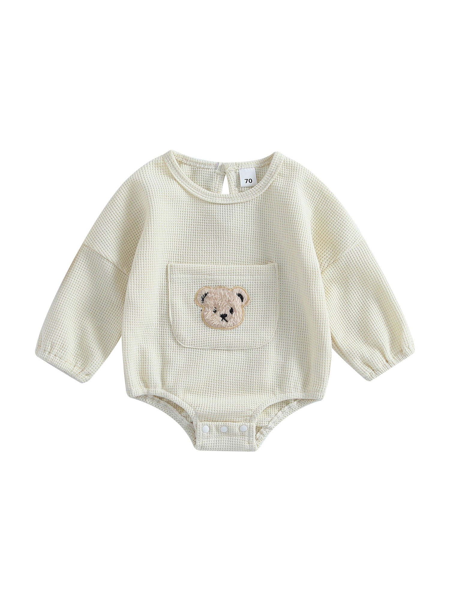 Musuos Baby Boy Girl Romper Long Sleeve Bear Front Pocket Waffle Knit 