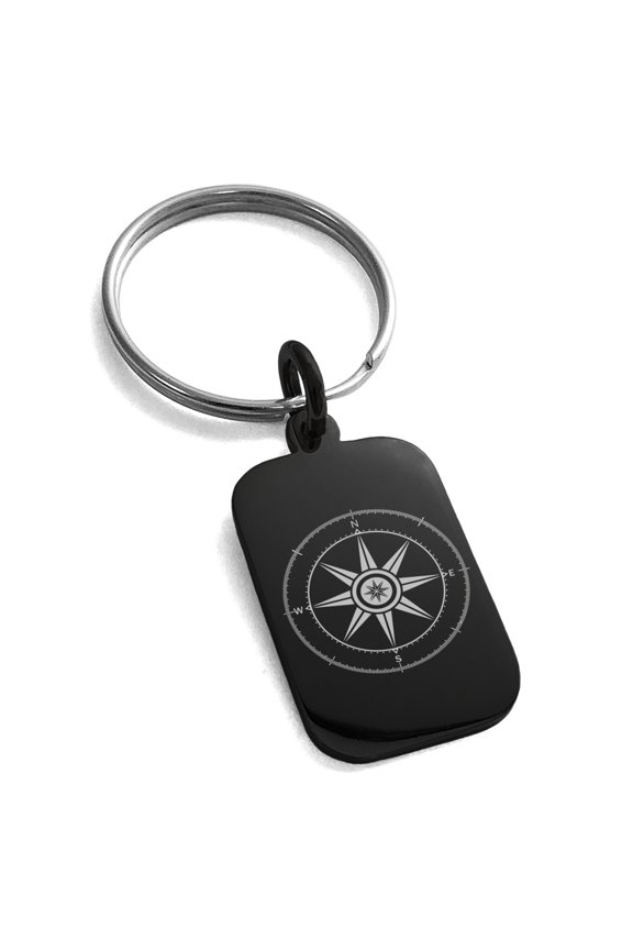 Stainless Steel Nautical Wind Compass Engraved Small Rectangle Dog Tag Charm Keychain Keyring