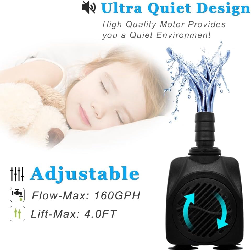 160GPH Small Fountain Pump, Ultra Quiet Submersible Water Pump (600L/H, 10Watt) with 3.3 ft Tubing for Aquariums, Pond Fountain, Water Feature, Indoor Fountains