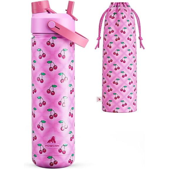 POWCAN 26 oz Insulated Water Bottle with 2-in-1 Straw and Spout Lid, Keep Cold 24H, Leak-Proof, Fits in Car Cup Holder, Stainless Steel Water Bottle for Sports, Travel, Gift and School (Cherry Pop)