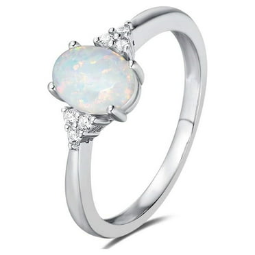 Clearance Rings for Women Oval White Fire Opal Ring 925 Sterling Silver Gemstone Jewelry For Women (Size 9)